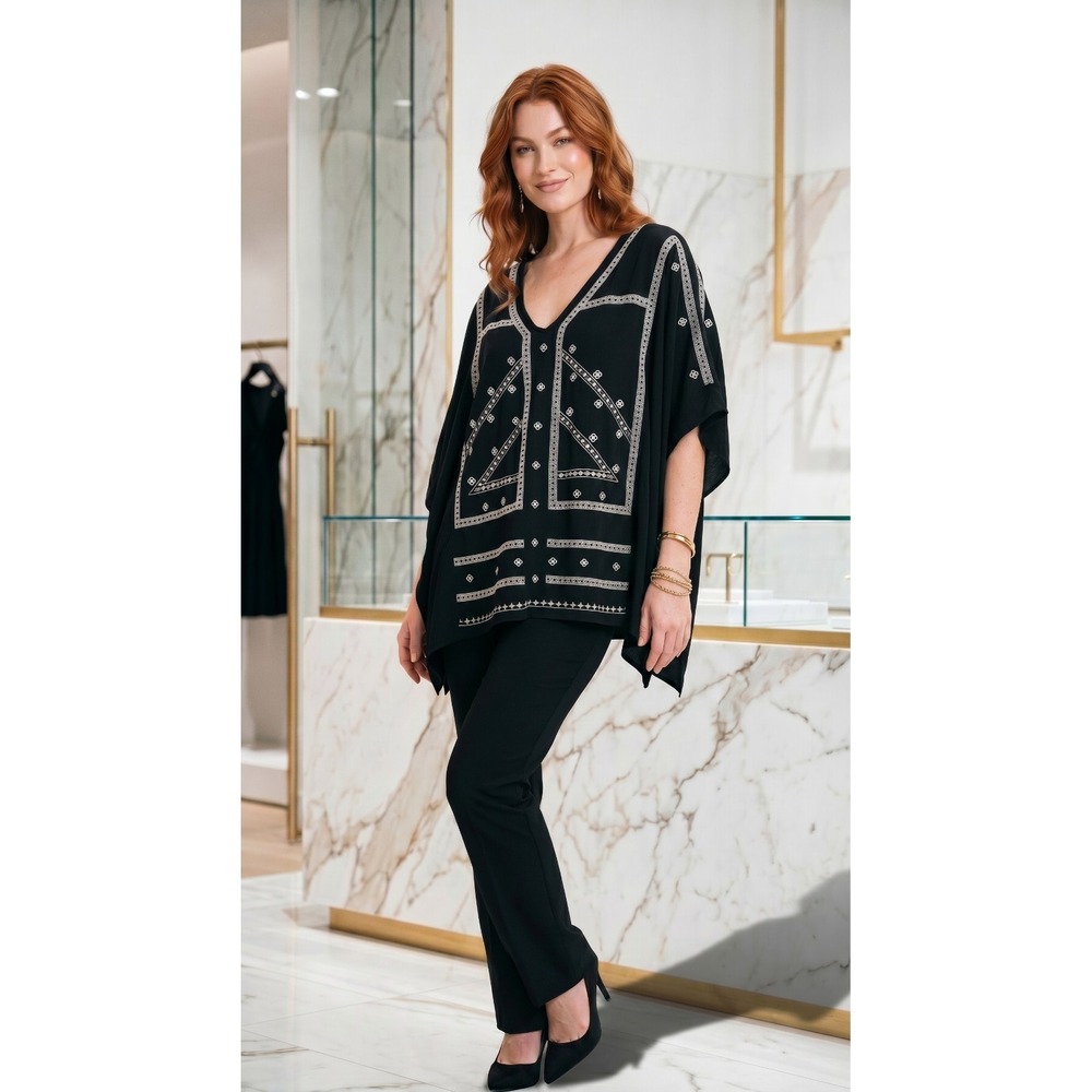 Women's Dana‎ Buchman Embroidered Dolman Sleeve, Nlack XL Resort, Workwear Boho
